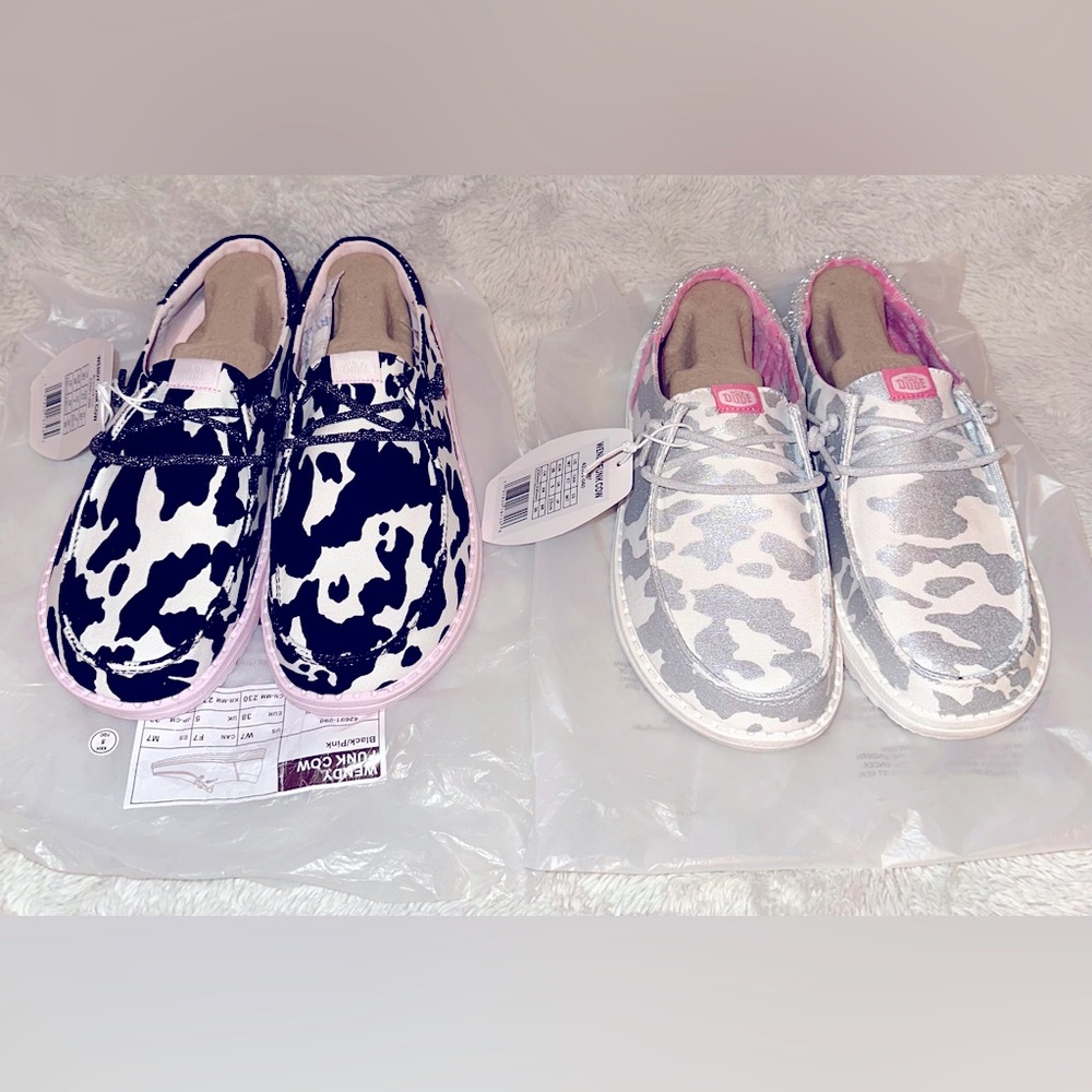 **Special low price** New Hey Dude Wendy Funky Cow shoes. Size 7.